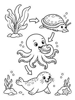 A marine food chain coloring page featuring kelp, a sea snail, an octopus, and a playful seal.
