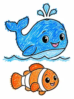 Cheerful Whale And Clownfish Friends – Ocean Coloring Page