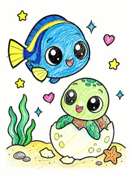 Cute Blue Tang And Baby Turtle – Ocean Coloring Page