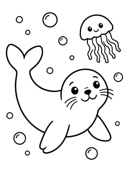 Free printable Cute Harbor Seal And Jellyfish coloring page