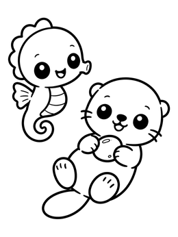 Free printable Cute Seahorse And Sea Otter Friends coloring page