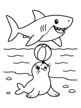 Free printable Cute Shark And Balancing Seal Pup coloring page