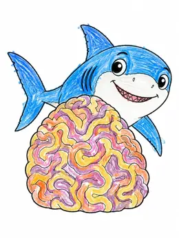 Cute Shark Behind Brain Coral – Ocean Coloring Page
