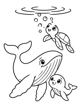 Free printable Cute Whales And Sea Turtle Swimming coloring page