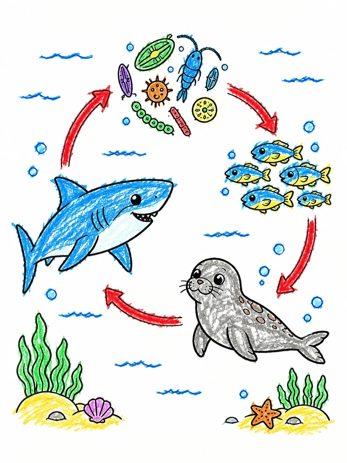 Colored example of the Ocean Food Chain Diagram coloring page