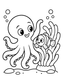 Free printable Friendly Octopus And Clownfish Friends coloring page