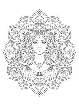 A sea goddess coloring page featuring seashells and starfish in an intricate mandala frame.