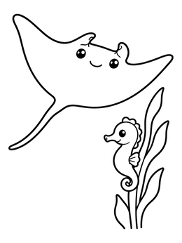 Free printable Happy Manta Ray And Seahorse coloring page