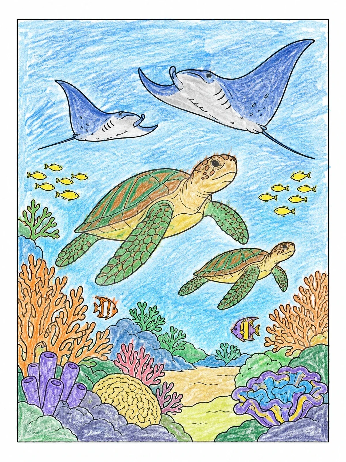 Colored example of the Sea Turtles And Manta Rays Ocean Mural coloring page