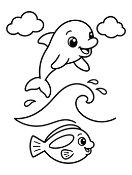 Free printable Playful Dolphin Leaping Above Little Fish coloring page