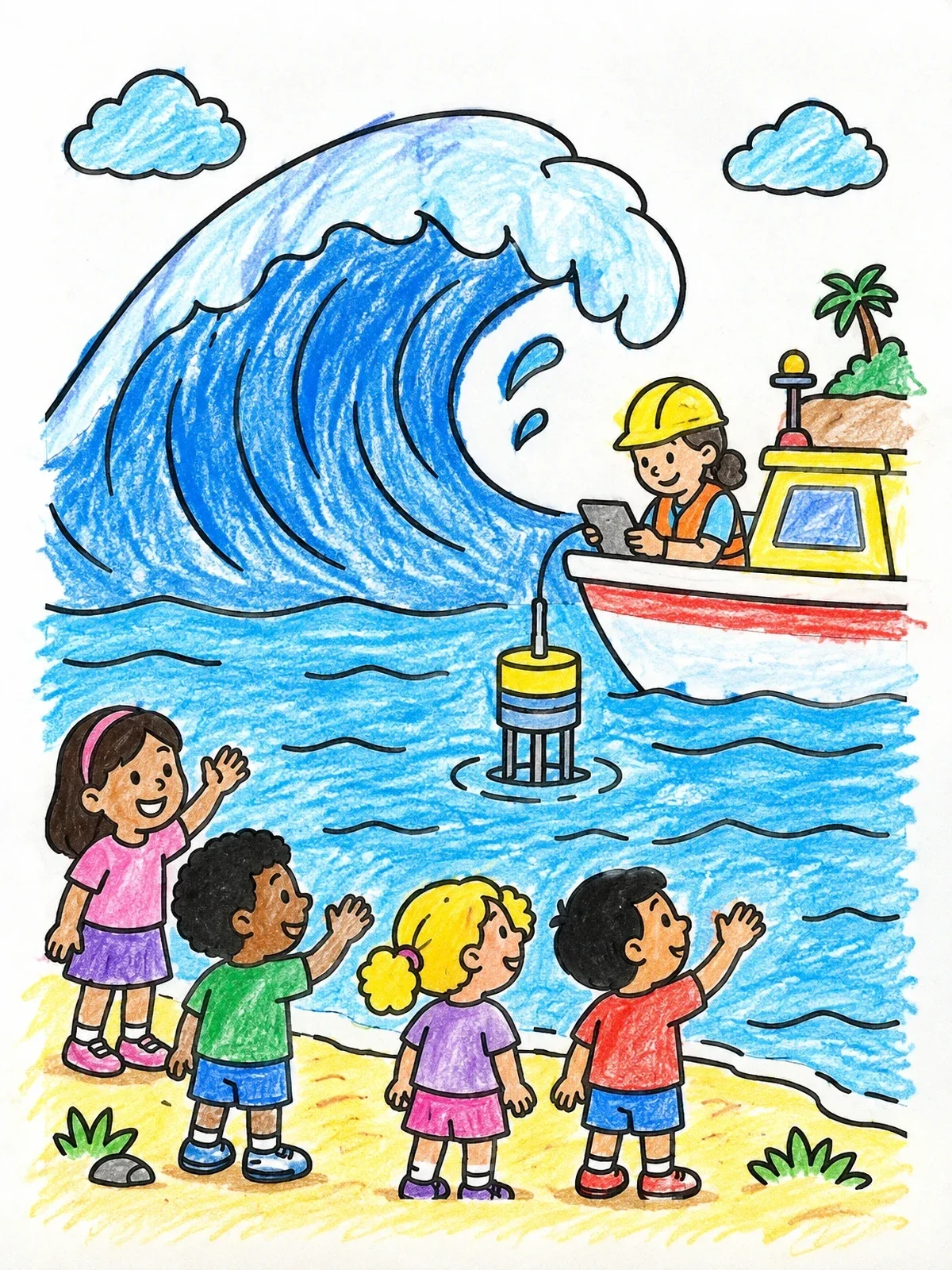 Colored example of the Scientist Monitoring Ocean Waves For Kids coloring page