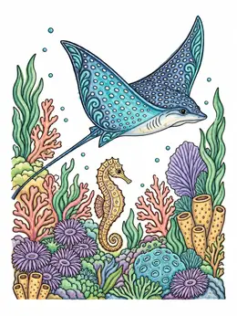 Spotted Ray And Seahorse Coral Reef – Ocean Coloring Page