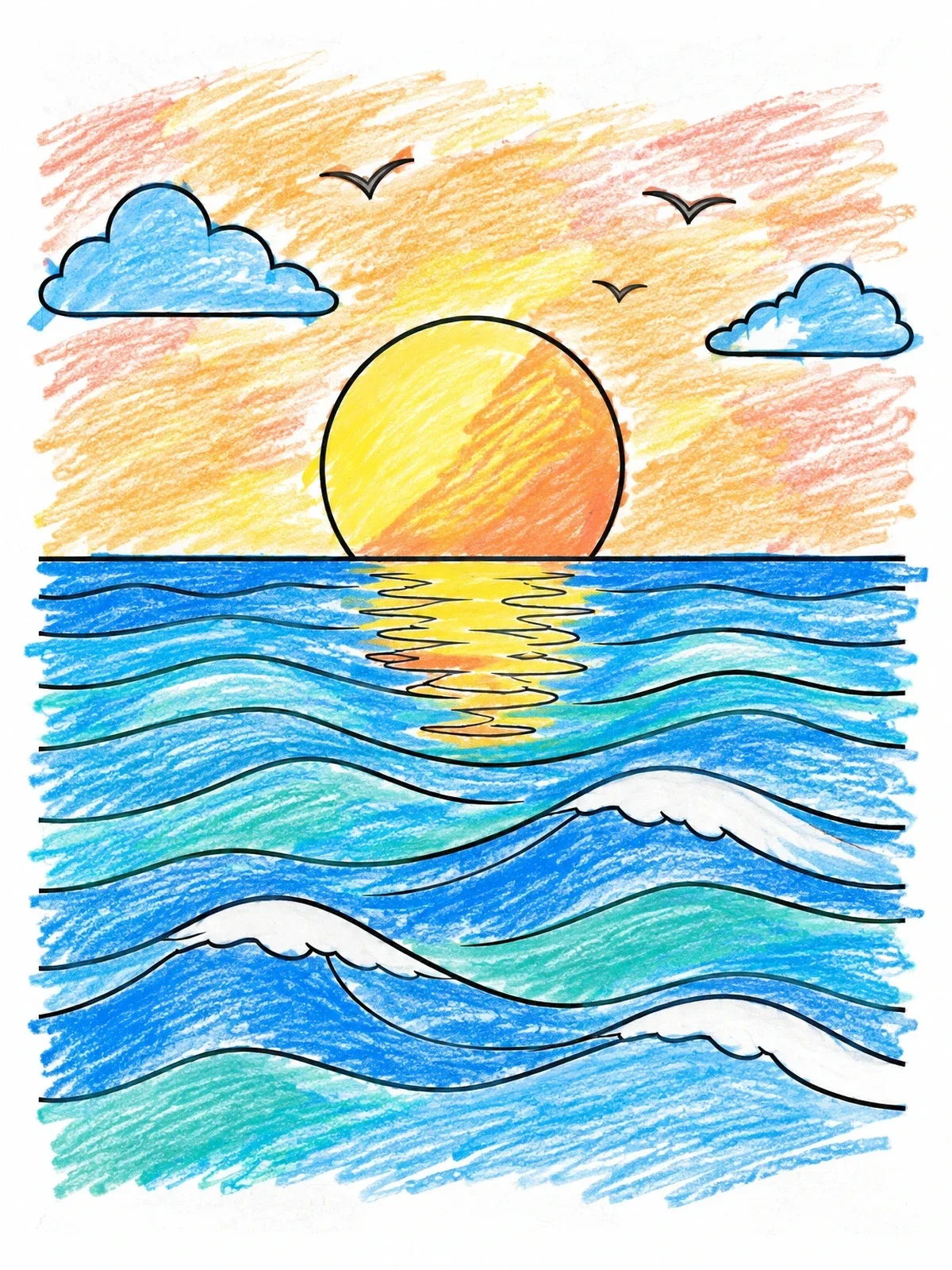 Colored example of the Ocean Sunset With Rolling Waves coloring page