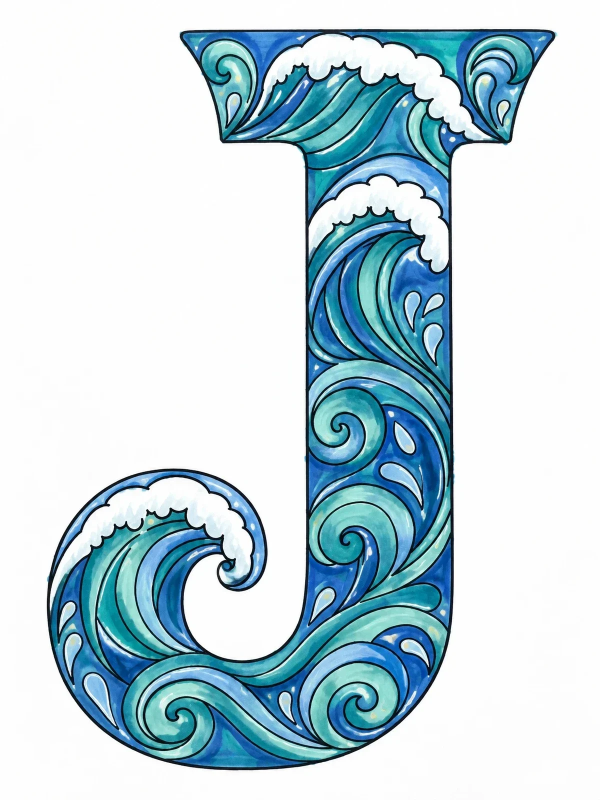 Colored example of the Ocean Wave Letter J coloring page