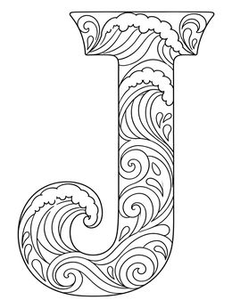 A detailed letter j coloring page filled with swirling ocean waves and water ripples.
