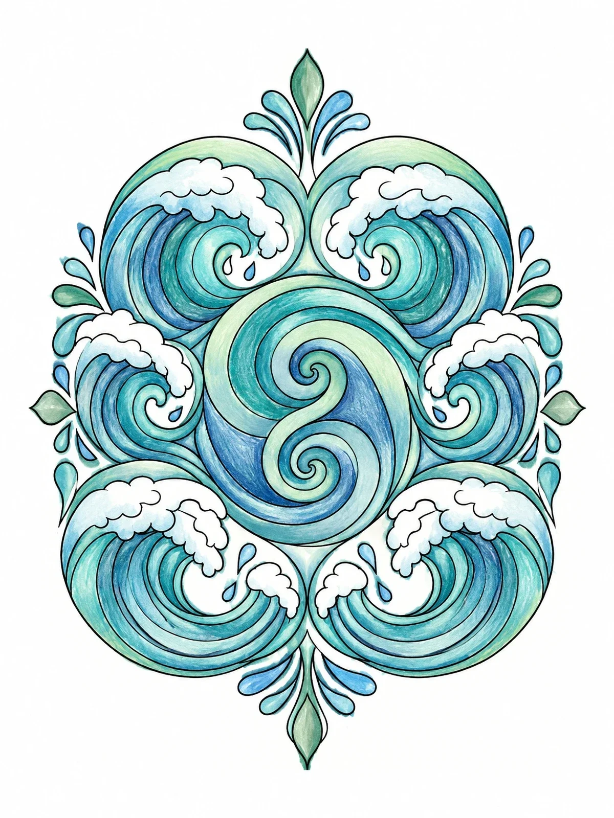 Colored example of the Ocean Wave Spiral Fractal Mandala coloring page