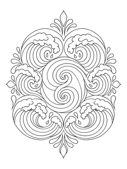 Symmetrical ocean wave fractal coloring page featuring central swirling patterns.
