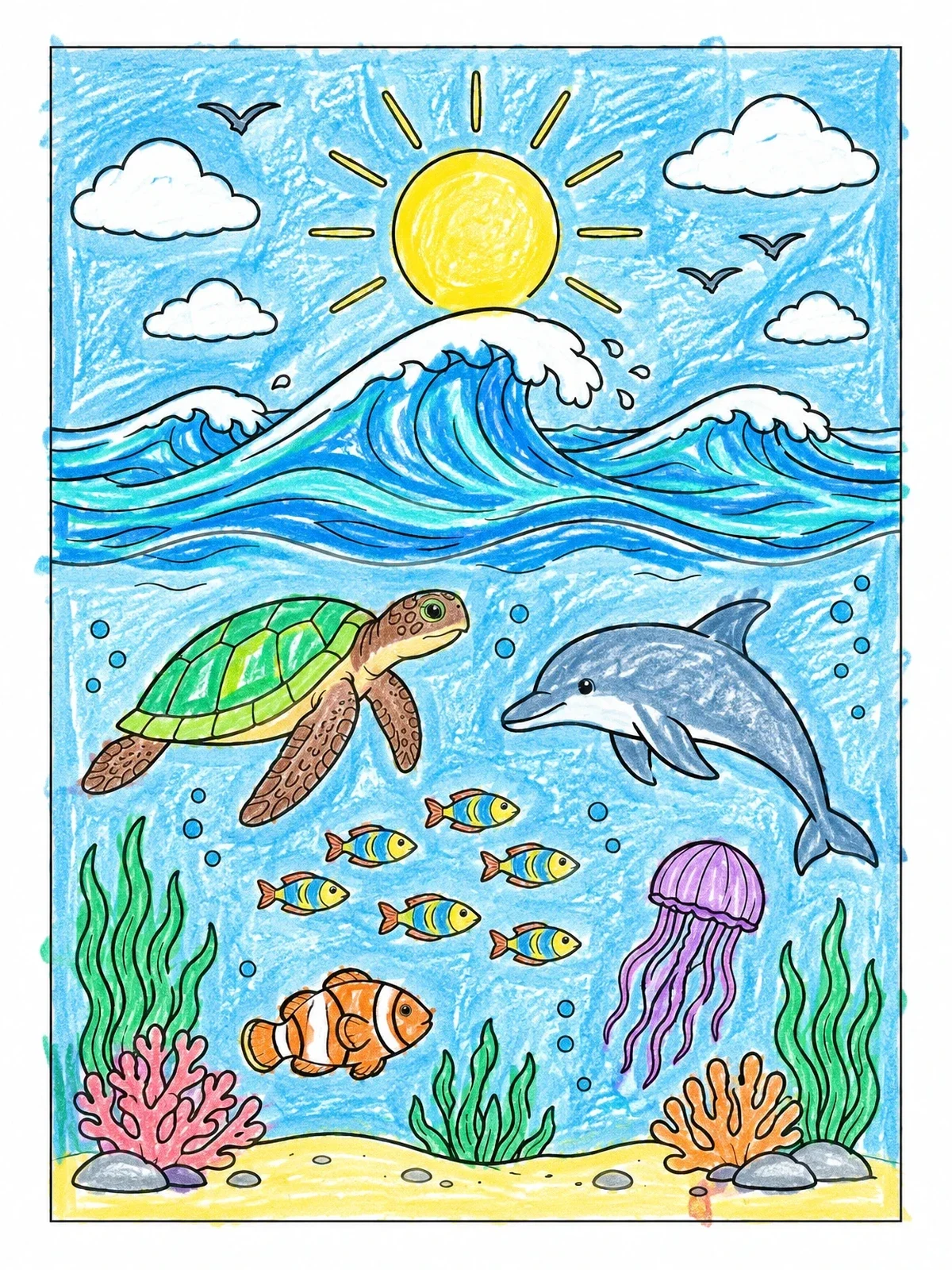 Colored example of the Ocean Waves And Marine Life coloring page