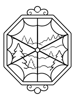 A simple window coloring page showing an octagonal frame looking out at snowy pine trees.