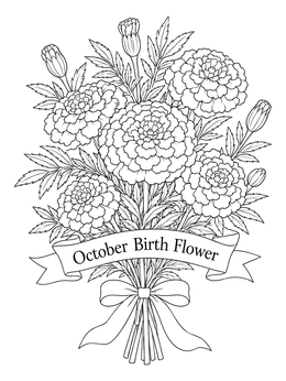 A detailed marigold flower coloring page featuring a tied bouquet with an October Birth Flower banner.