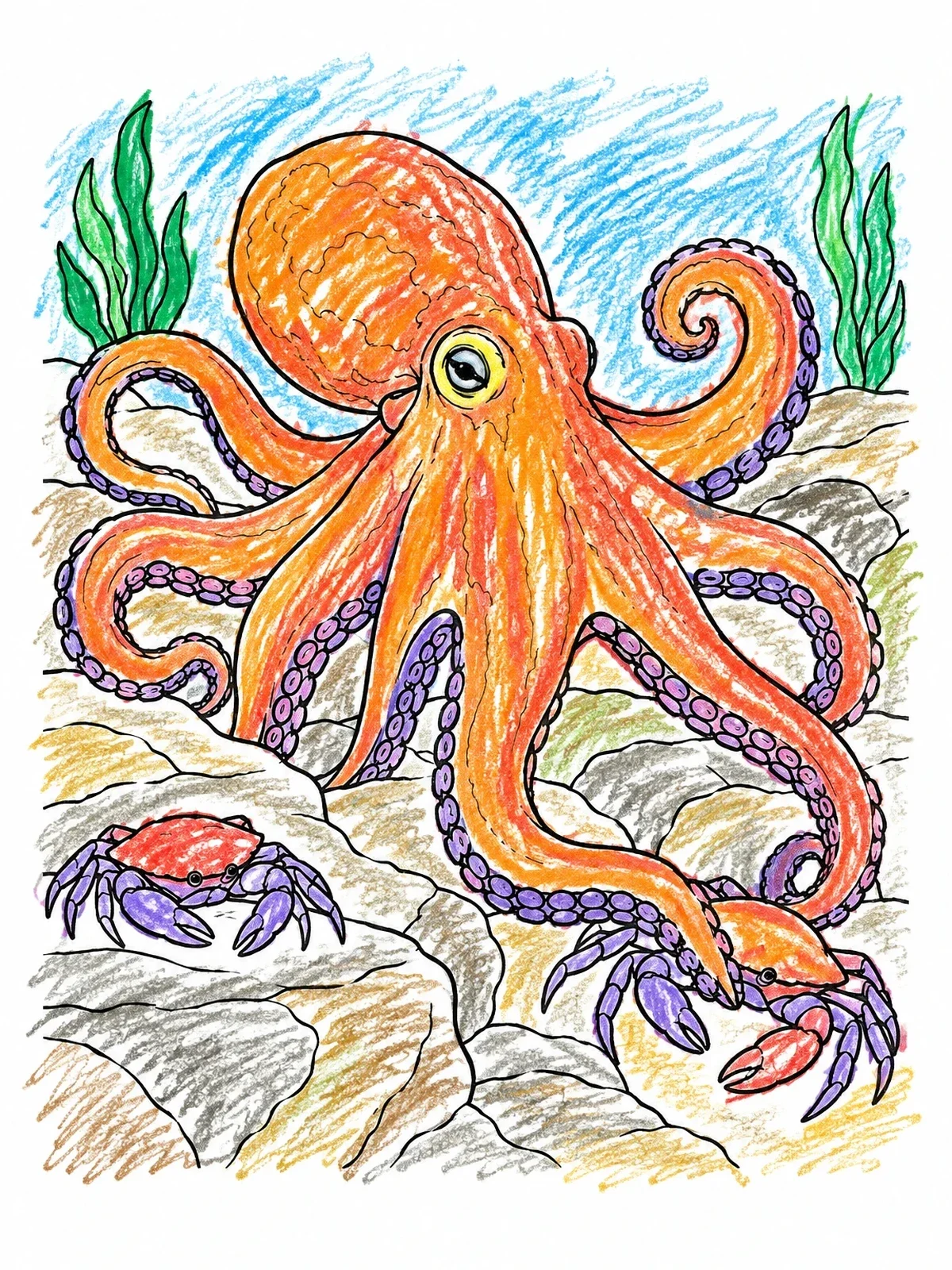 Colored example of the Octopus Crawling On The Ocean Floor coloring page