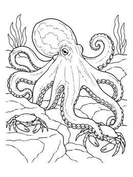 An octopus coloring page showing an octopus reaching toward crabs on rocky sea ground.