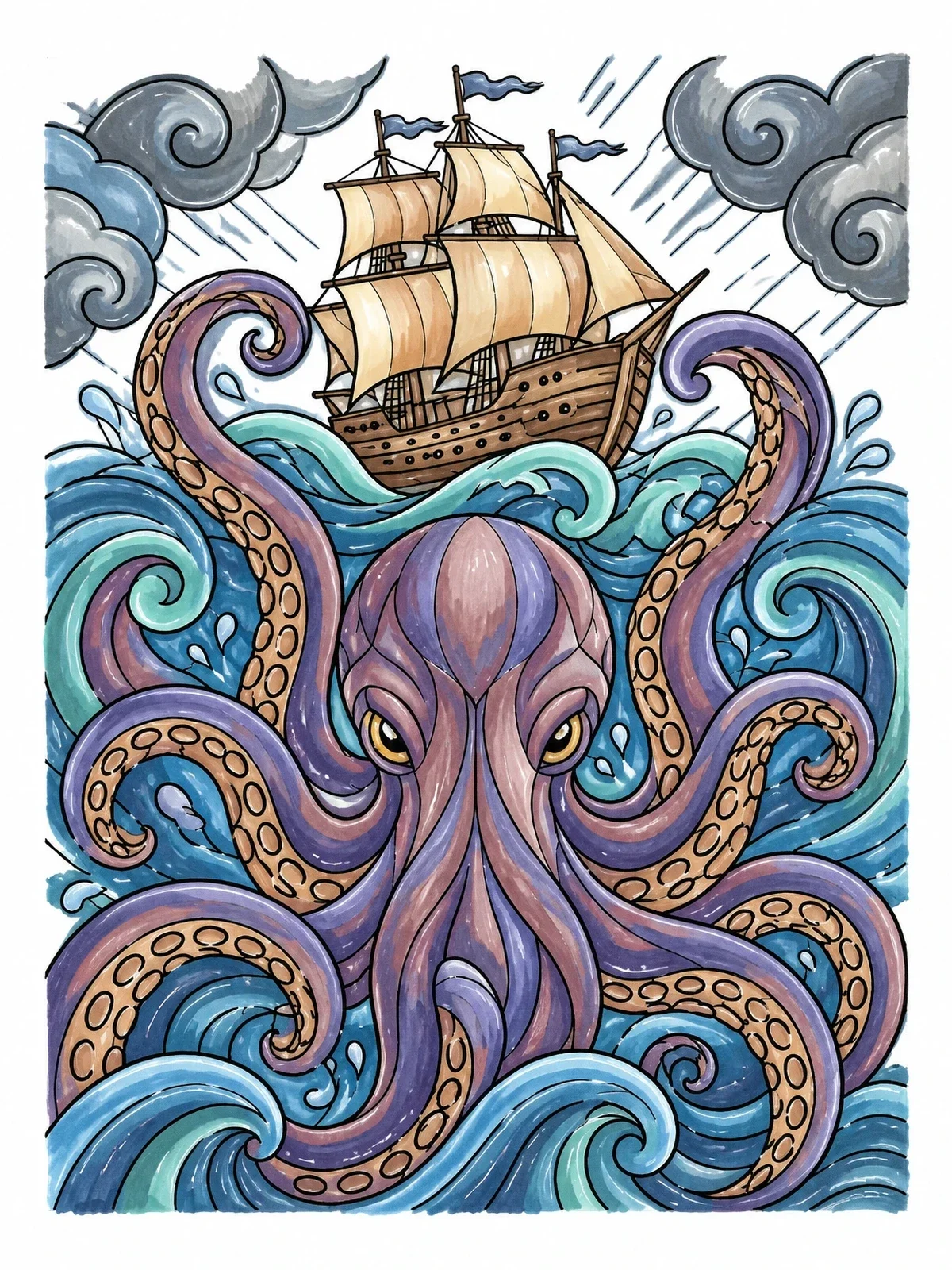 Colored example of the Kraken And Galleon In Stormy Seas coloring page