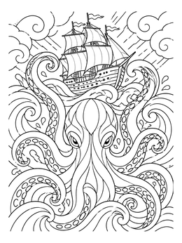 A detailed octopus coloring page with a giant sea creature rising behind a sailing ship.