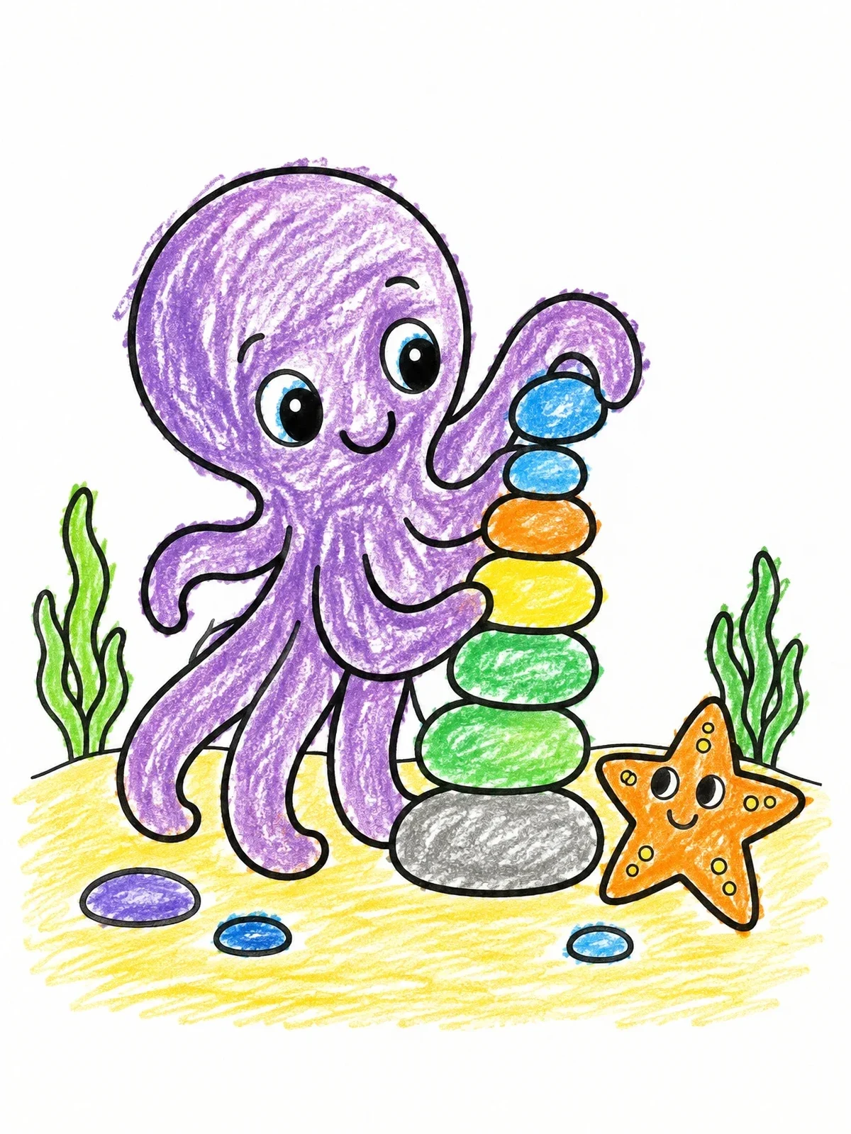 Colored example of the Octopus Stacking Sea Stones coloring page