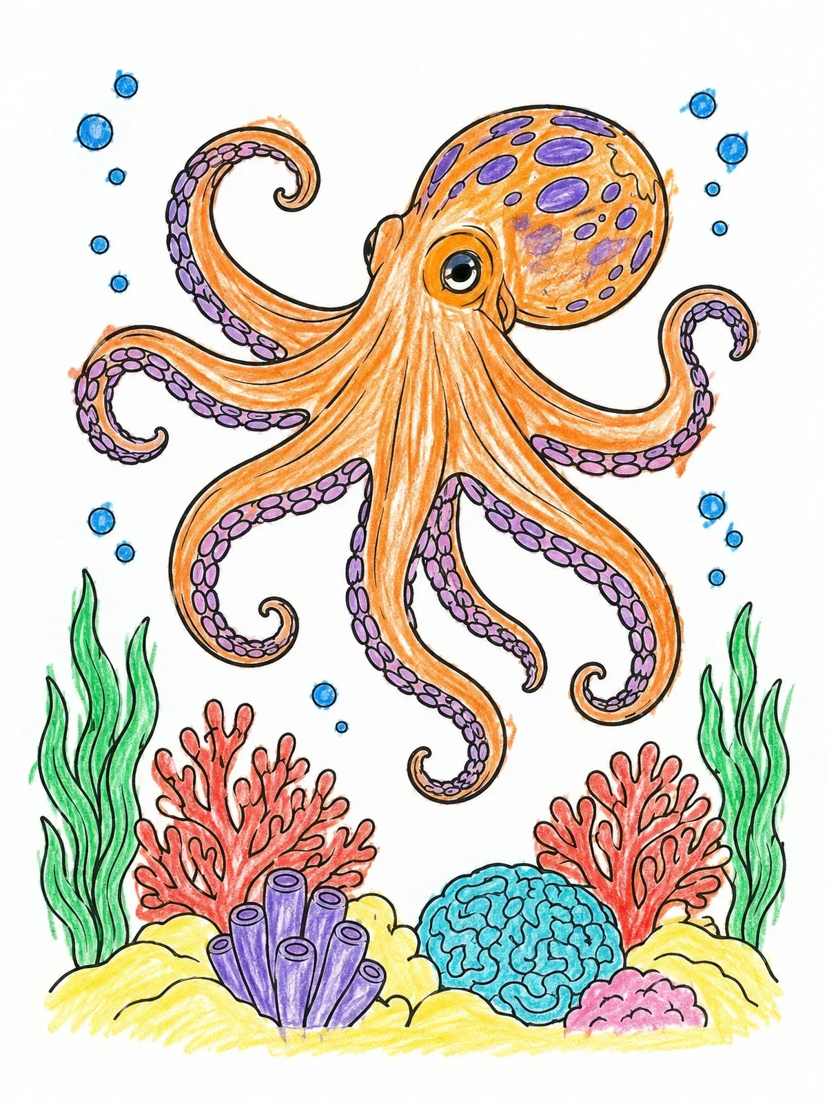 Colored example of the Octopus Gliding Over Coral Reef coloring page