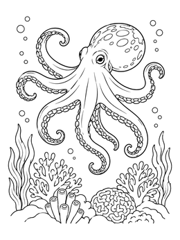 An octopus coloring page featuring a sea creature floating gracefully over coral reefs and seaweed.