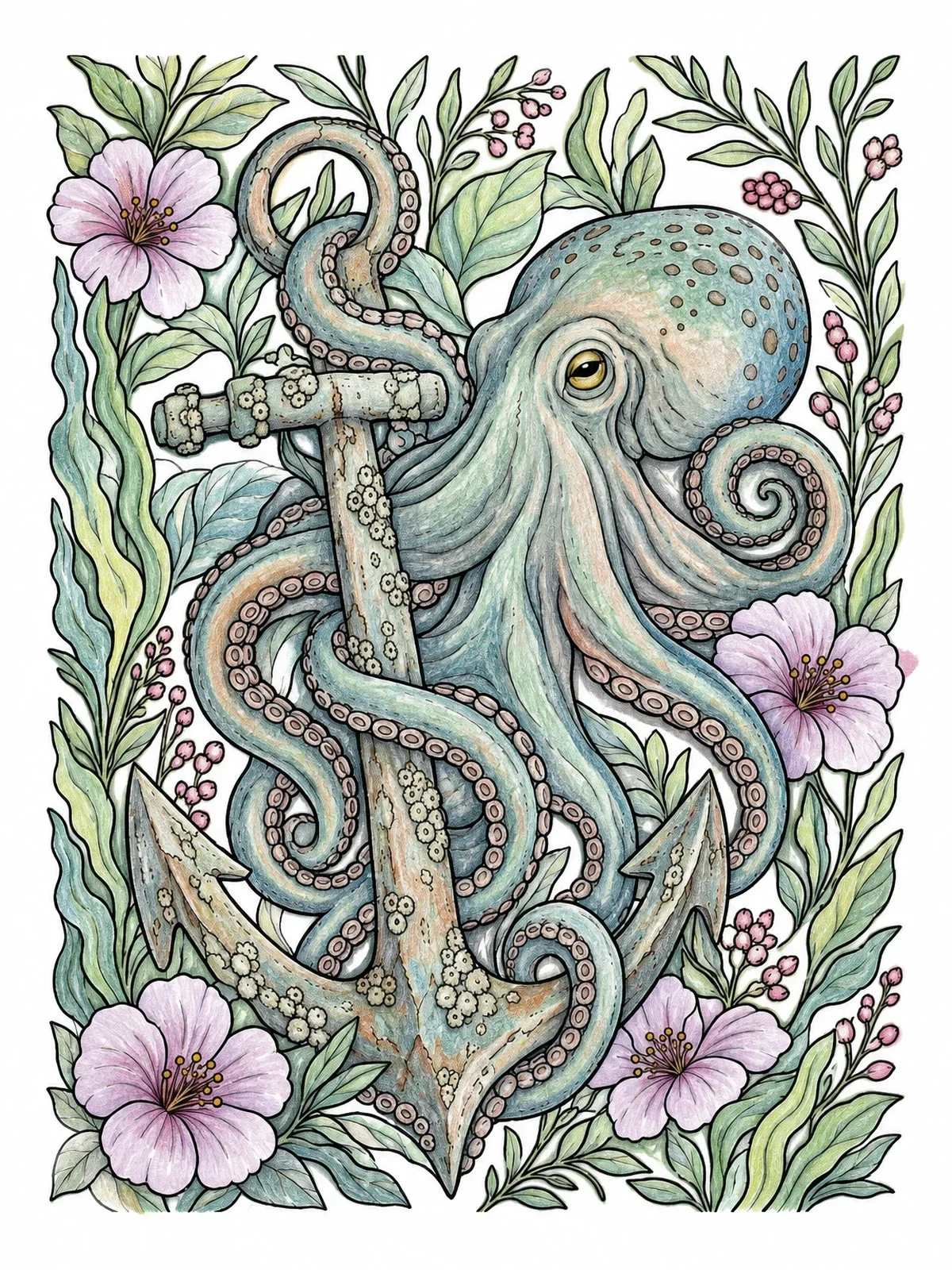 Colored example of the Octopus Wrapped Around Ship Anchor coloring page