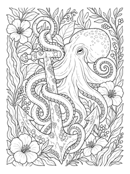 An intricate octopus coloring page showing suction-cupped tentacles entwined around a weathered sea anchor.