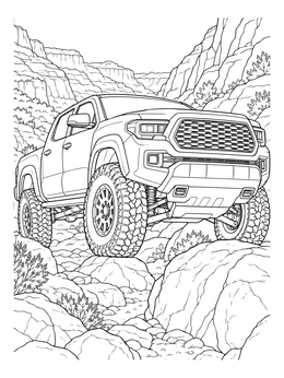 A detailed truck coloring page showing an off-road pickup crawling over large rocks in a canyon.