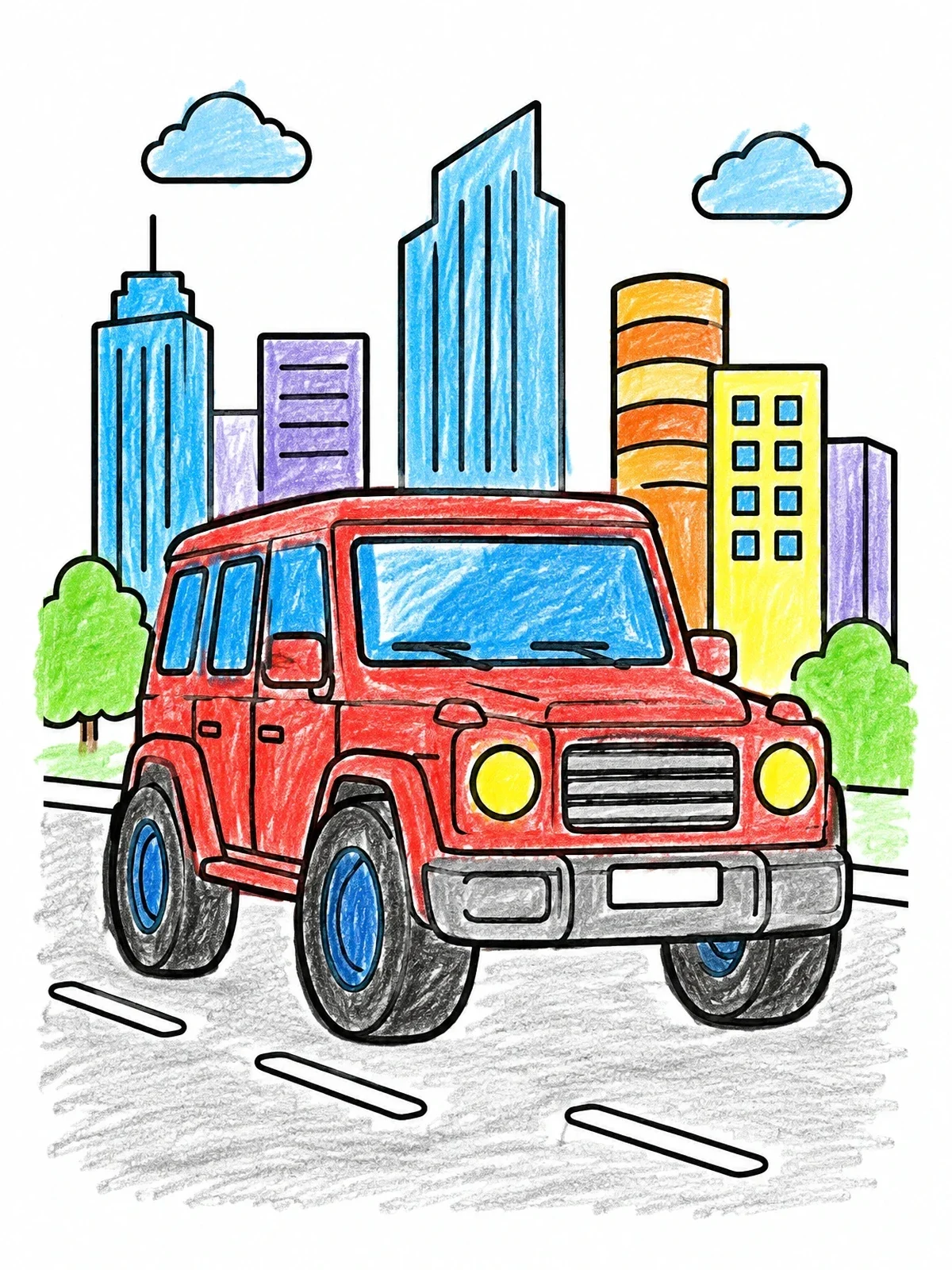 Colored example of the Off Road Wagon In The City coloring page