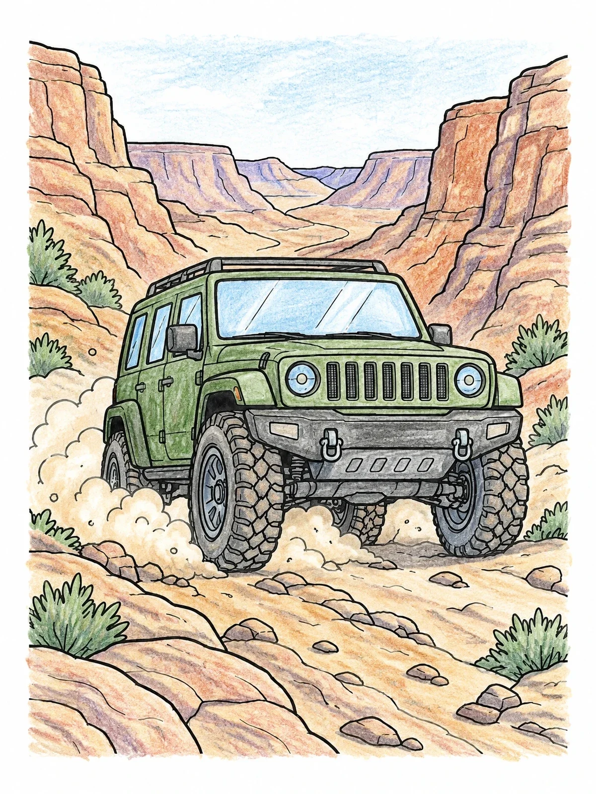 Colored example of the Off Road Wagon In Desert Canyon coloring page