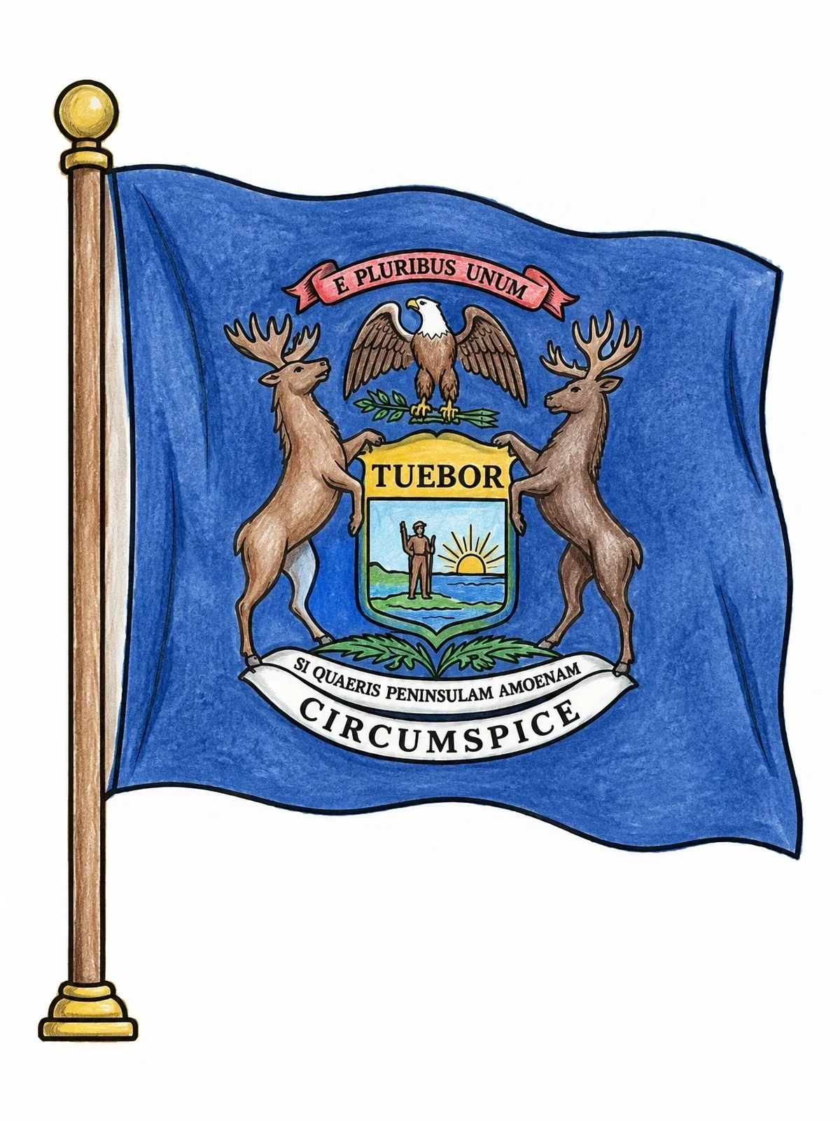 Colored example of the Official State Flag Of Michigan coloring page