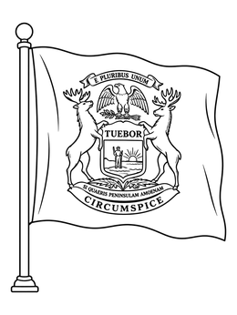 An official flag of Michigan coloring page waving proudly on a flagpole with its coat of arms.