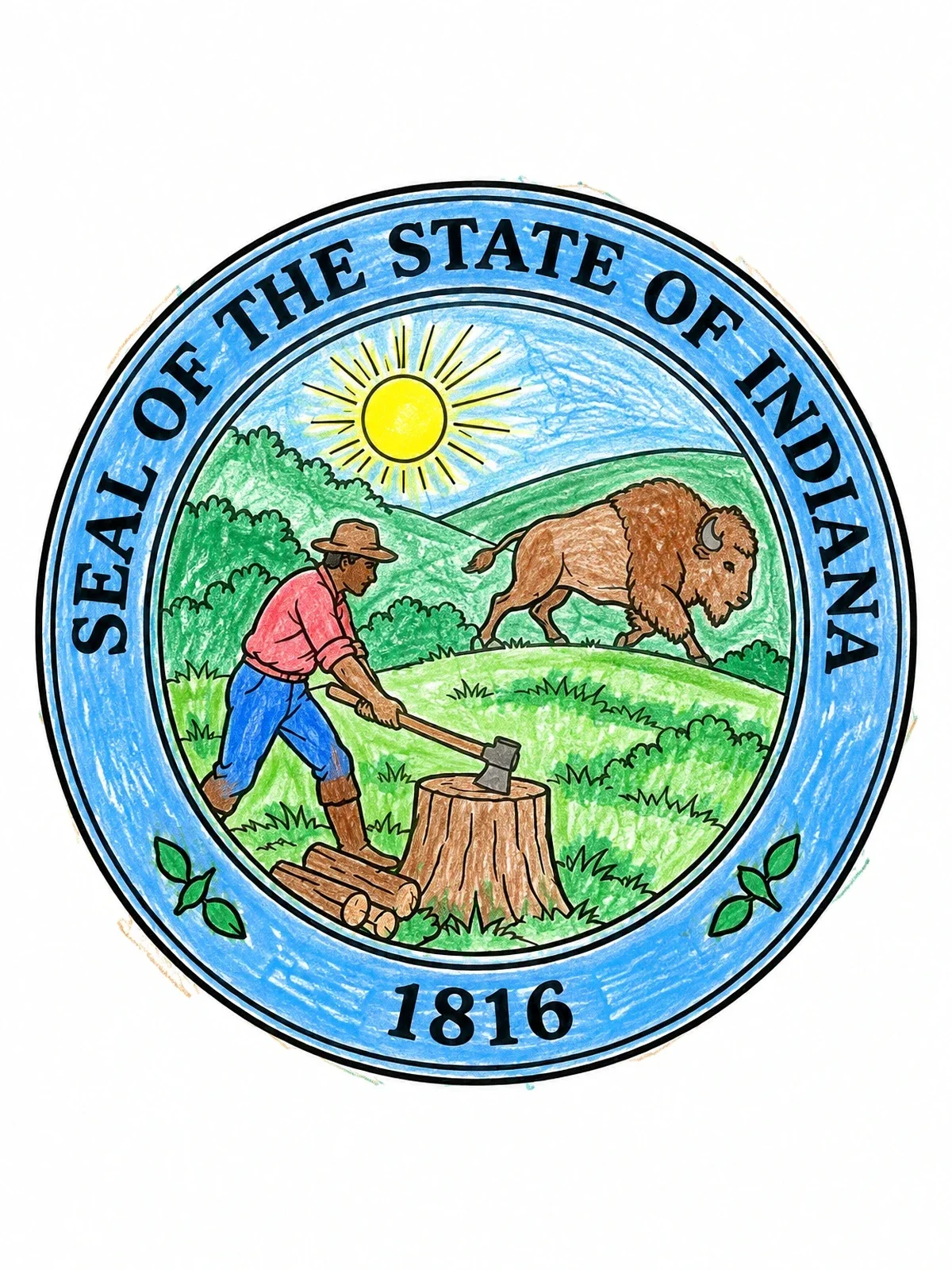 Colored example of the Official State Seal Of Indiana coloring page