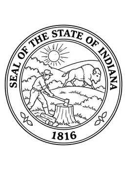 An official Indiana coloring page featuring the state seal with a woodsman and a bison.