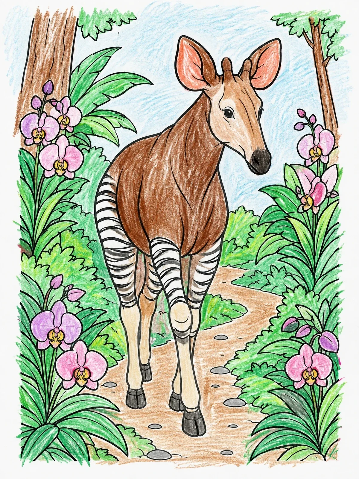 Colored example of the Okapi Along A Forest Trail With Orchids coloring page