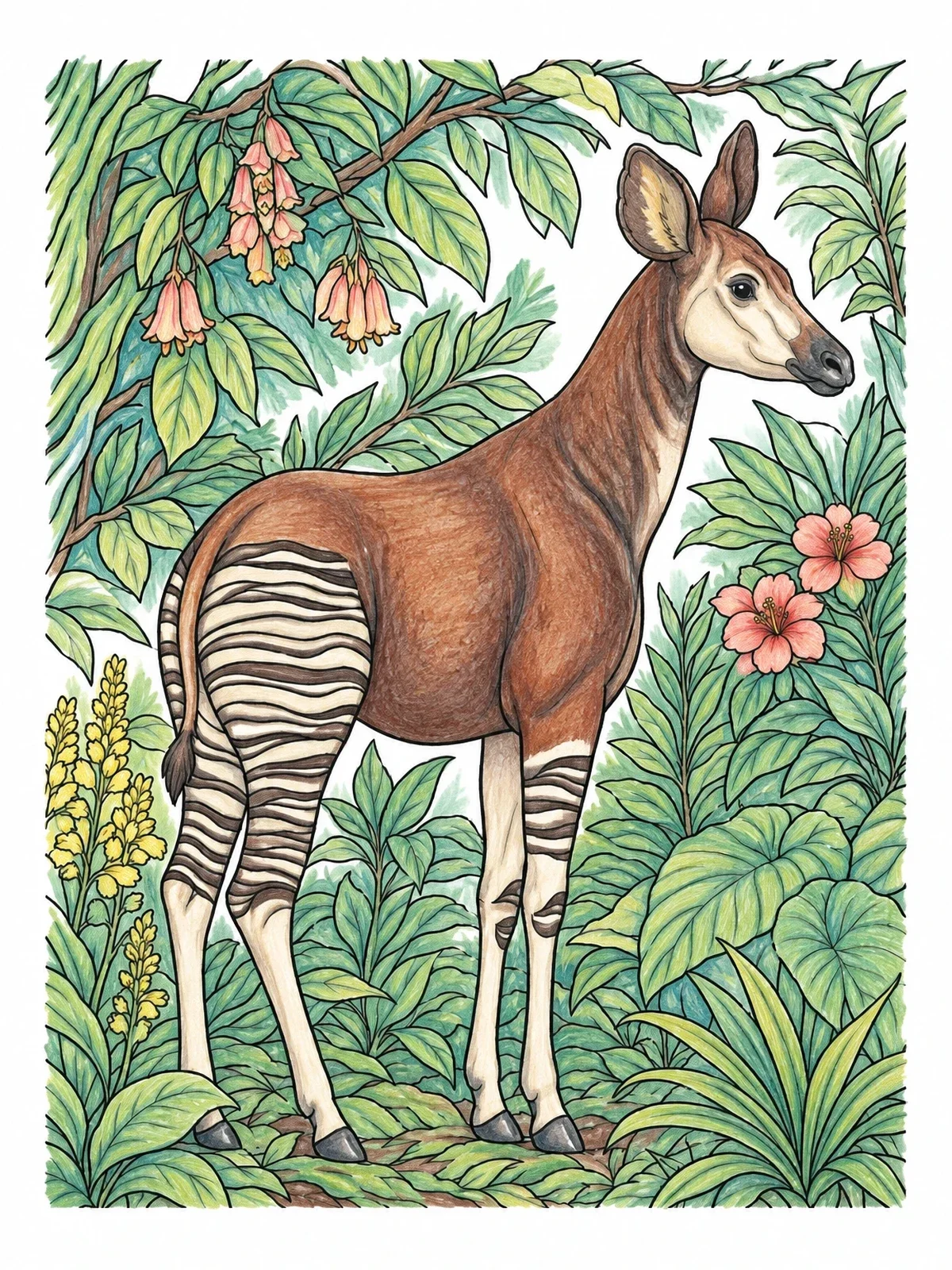Colored example of the Okapi In Lush Rainforest coloring page