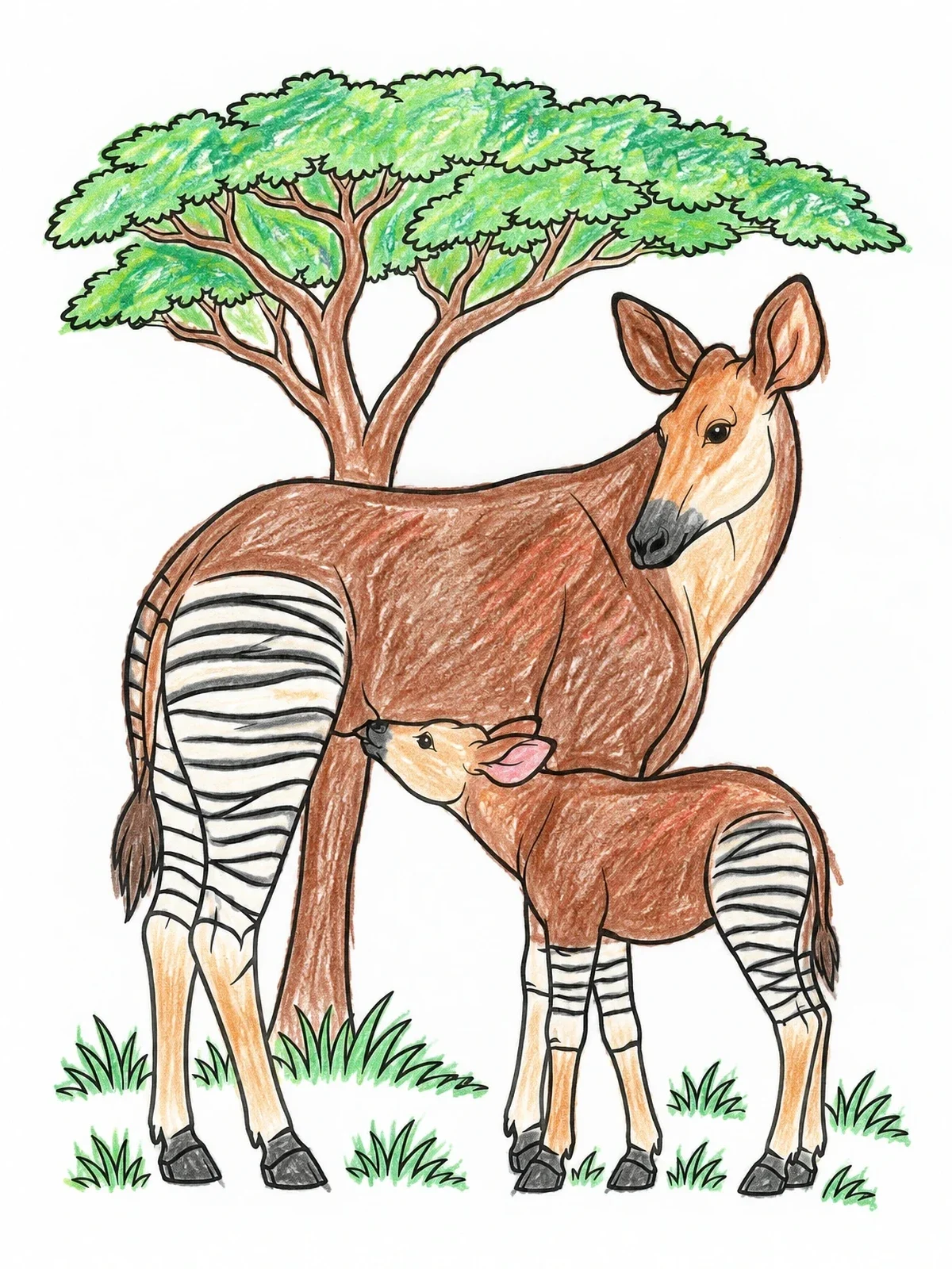 Colored example of the Okapi Mother And Nursing Calf coloring page