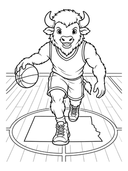 A friendly bison dribbling a ball on an oklahoma coloring page court.
