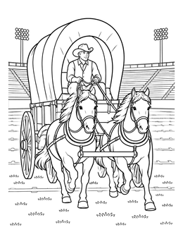 A covered schooner wagon pulled by ponies across a stadium turf on this oklahoma coloring page.