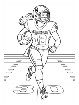 A female football player in an Oklahoma uniform charges across the field on this oklahoma coloring page.