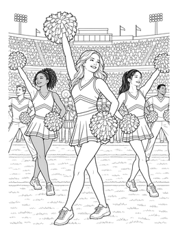 Cheerleaders holding pom-poms perform in a crowded stadium on this oklahoma coloring page.