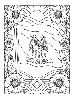 An oklahoma coloring page featuring the state flag framed by blooming wildflowers and a rising sun.