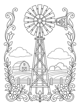 Vintage farm windmill on an oklahoma coloring page with a decorative floral border.