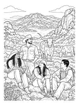 A group rests near longhorn cattle in this scenic Oklahoma coloring page.